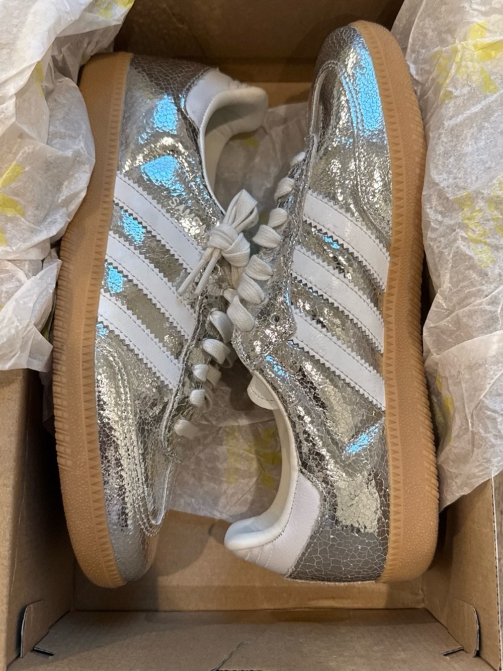 adidas Women's Metallic Silver Three-Stripe Sneakers with Gum Sole